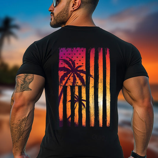 Men's Coconut Tree American US Flag Funny Hawaiian T Shirt Tee Top 100% Cotton Short Sleeve Graphic Shirt Black Comfortable Tee Vacation Street Fashion Designer Clothing