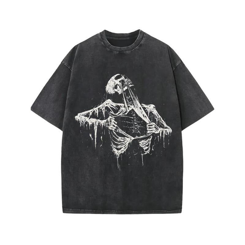 washed hot stamping print T-shirt Retro Washed Pattern Printed T-shirt-Retro Washed Appearance, Eye-Catching Pattern,...