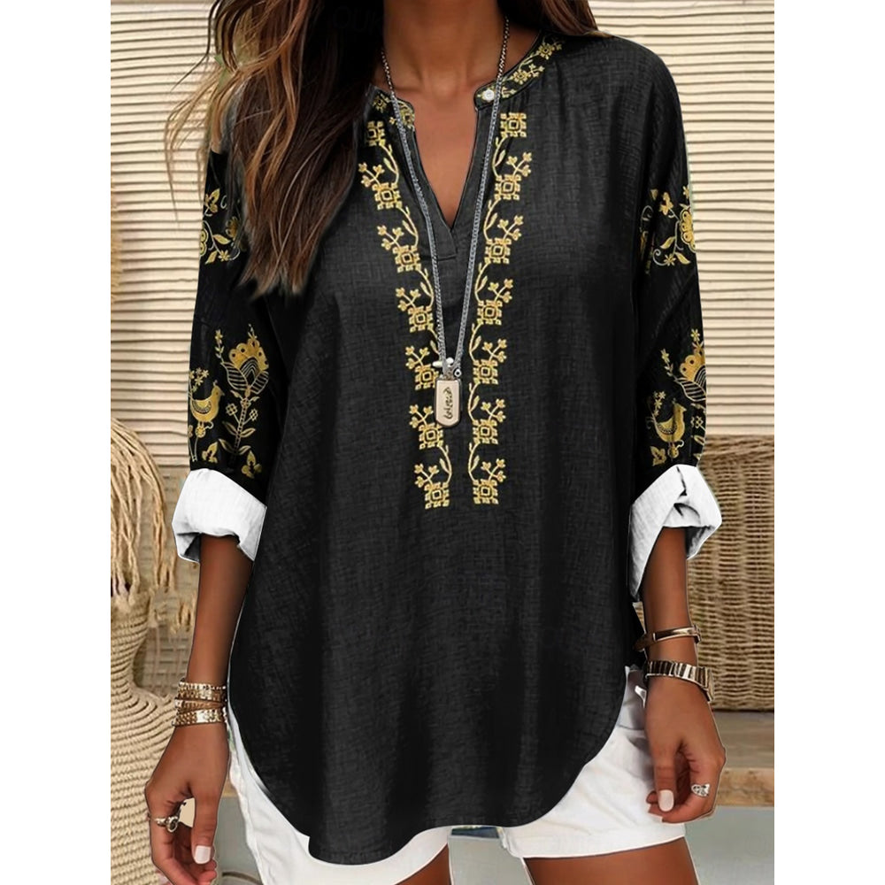 Women's Boho Blouse Floral Graphic Vintage Tropical Hawaiian Long Sleeve V Neck Regular Tops Daily Holiday Vacation Wear Print Black Blue Khaki Summer Spring