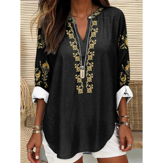 Women's Boho Blouse Floral Graphic Vintage Tropical Hawaiian Long Sleeve V Neck Regular Tops Daily Holiday Vacation Wear Print Black Blue Khaki Summer Spring