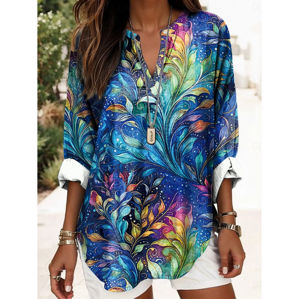 Women's Blouse Summer Tops Floral Graphic Vintage Tropical Hawaiian Long Sleeve V Neck Regular Tops Daily Holiday Beach Wear Print Navy Blue Blue Purple Green Beige Summer Spring