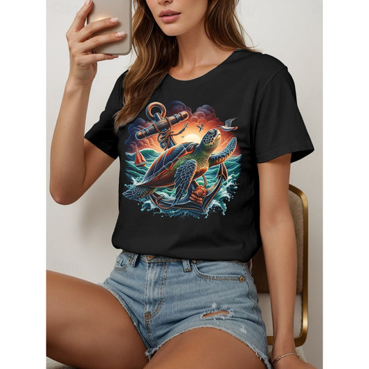 Women's T Shirt Cotton Shirt Graphic Animal Ocean Casual Short Sleeve Round Neck Regular Tops Daily Print Black Wine Summer