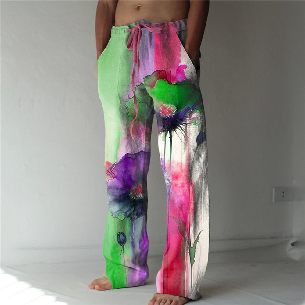 Men's Trousers Summer Pants Beach Pants Drawstring Elastic Waist 3D Print Gradient Graphic Prints Flower / Floral Comfort Casual Daily Holiday Streetwear Hawaiian Pink Blue