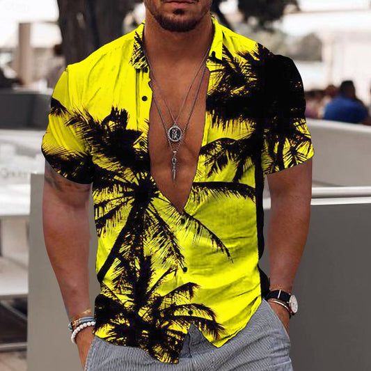 Men's Graphic Coconut Tree Hawaiian Shirt Summer Shirt Summer Hawaiian Shirt Short Sleeve Shirt Turndown Fashion Designer Casual Outdoor Street Casual Light Yellow Black-White Yellow Print S M L
