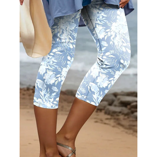 Women's Leggings Capri Pants High Elasticity Vacation Hawaiian Calf-Length Mid Waist Floral Graphic Printing Breathable Soft  Vacation Casual Holiday Light Blue Summer Spring Regular Fit
