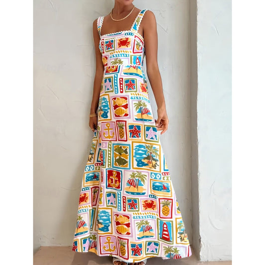 Women's Maxi Dress Corset Dress A Line Dress Summer Dress Slip Dress Vacation Vacation Daily Regular Fit Graphic Sleeveless Square Neck White Summer