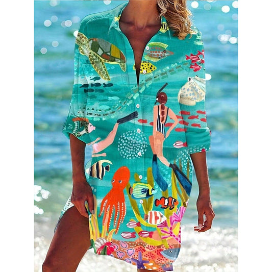Women's Mini Dress Shirt Dress Hawaiian Shirts  Flowy  Beach Graphic Long  Long Sleeve Shirt Collar Buttons Print Form Fit Green Summer Holiday Clothes Beach Wear